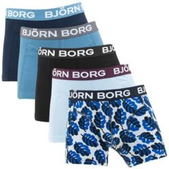 BJØRN BORG Björn Borg Jongens Premium Cotton Stretch 5-pack Boxers Leafs Blauw & Zwart